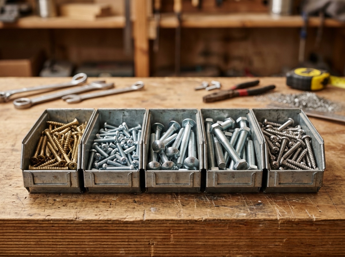 Assorted general fasteners in parts bins
