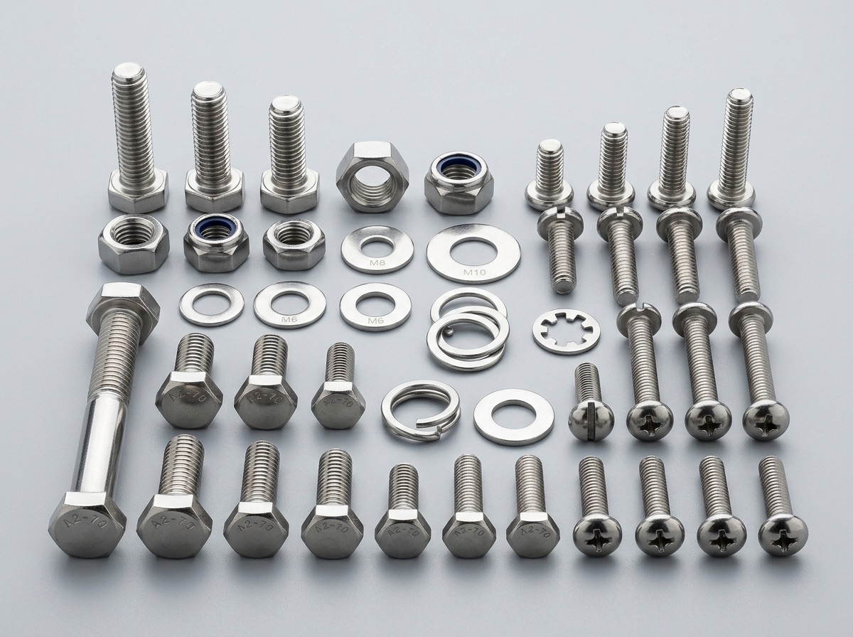 Polished stainless steel bolts, nuts and washers